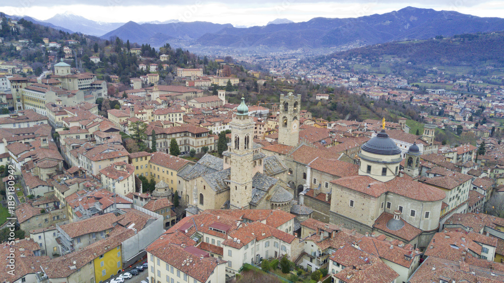 Aerial video shooting with drone on Bergamo, famous and ancient Lombardia city, founded on the hills