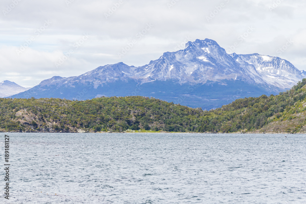 Forest, mountain and beagle channel in Coast Trail, Tierra del Fuego National Park