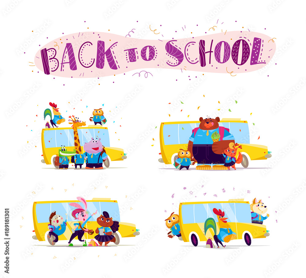 Obraz premium Vector flat collection of happy animal student standing at school bus. Back to school illustration isolated on white background. Cartoon style, lettering. Good for sticker, banner, packaging design