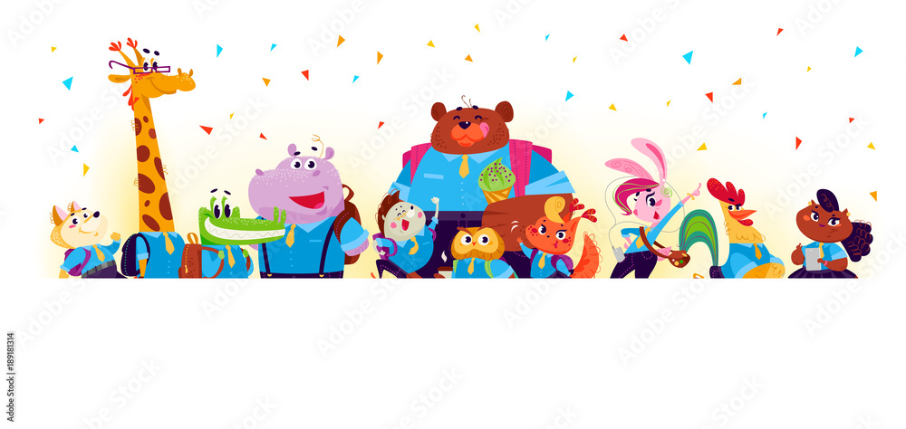 Fototapeta premium Vector flat collection of happy animal student standing behind white paper background. Back to school illustration isolated on white background. Cartoon style. Good for poster banner, packaging design