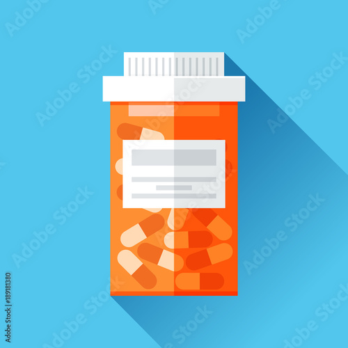 Jar with medicine. Medical icon in flat style, orange pill bottle on blue background. Vector design element