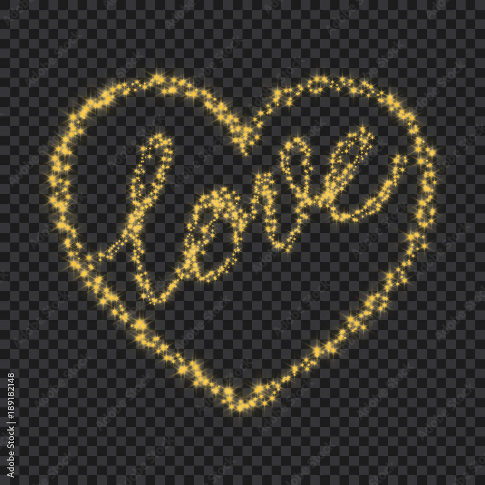 Love Heart silhouette on transparent background. Golden stars stream in heart symbol and love word form. Valentines Day background design. Love Heart silhouette on transparent background. Golden stars stream in heart symbol and love word form. Valentines Day background design.