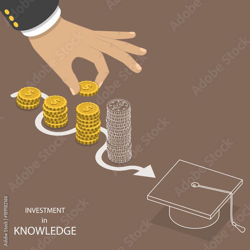Investment in knowledge flat vector. Hand is putting a coin to the one of pile that is representing savings. The last pile and a graduation hat have just outlines that means they are not real yet.