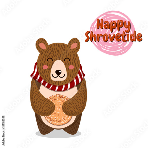 Shrovetide or Maslenitsa. Excellent gift card. Bear plays the harmonica. Russian inscription - Shrovetide. Great Russian holiday.