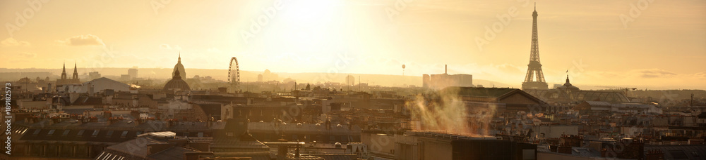 Panoramic View of Paris seen from Rooftops at Sunset Panoramic View of Paris seen from Rooftops at Sunset