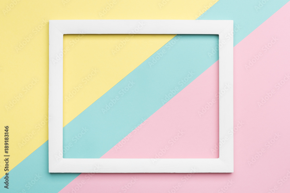 Abstract pastel colored paper texture minimalism background. Minimal  geometric shapes and lines composition with empty picture frame. Stock  Photo