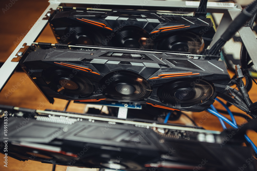 Fototapeta premium Graphics cards mining rig used for mining online crypto currencies