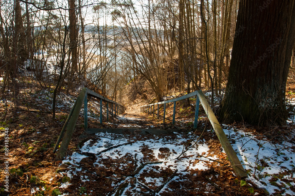 Old Iron Blue Staircase With Dry Leaves, Tree Branches And Snow Melts, Descending To River In Forest At Spring Top View. Old Iron Blue Staircase With Dry Leaves, Tree Branches And Snow Melts, Descending To River In Forest At Spring Top View.