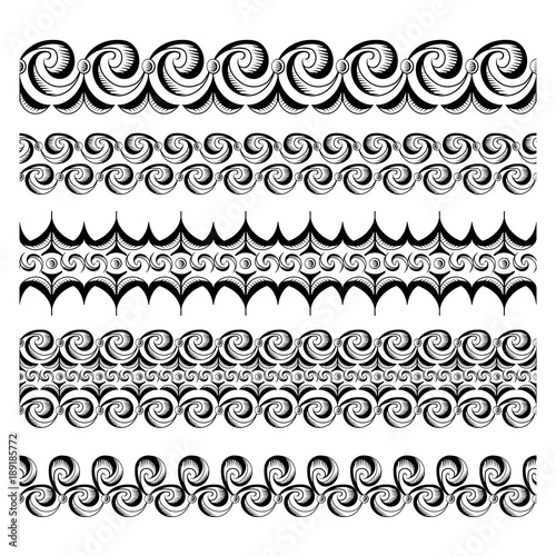 Abstract seamless ballpoint waves borders set