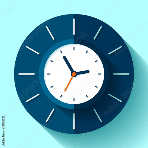 Wall сlock icon in flat style, timer on blue background. Business watch. Vector design element for you project