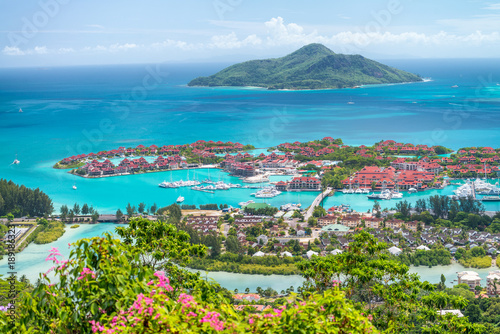 Red roofs of Eden Island, aerial view of Seychelles photo