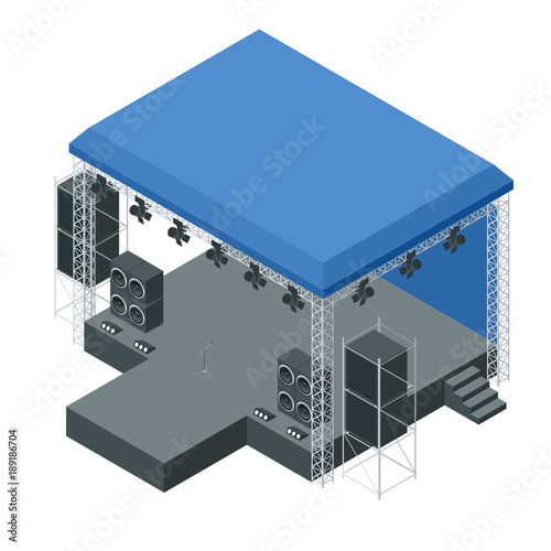 Isometric outdoor concert stage, truss system. Podium concert stage. Performance show entertainment, scene and event.