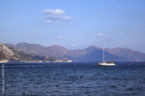 Seascape with sailboat. Turunc. Turkey