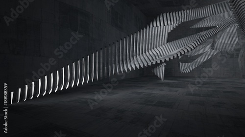 Abstract concrete interior multilevel public space with neon lighting. 3D illustration and rendering.