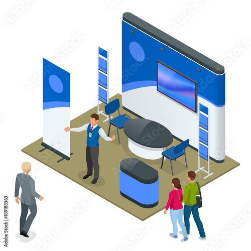 Isometric promotional stands or exhibition stands including display desks shelves and people with products and handout