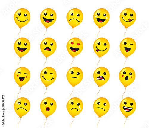 Set of round emoticons or emoji icon on yellow helium balloons. Smile of yellow helium balloon icons vector illustration isolated on white background. Concept for World Smile Day card or banner