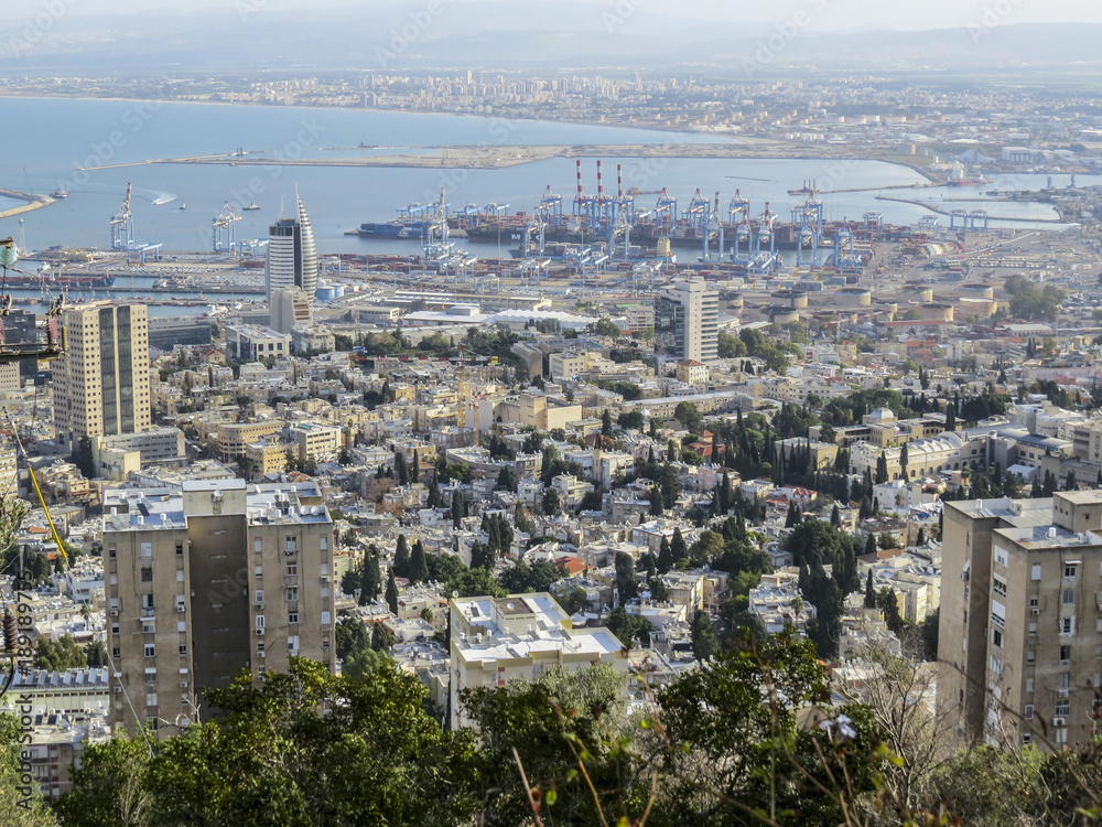 Haifa, Israel - View of the downtown City and the port area of Haifa,  third-largest city in the State of Israel.