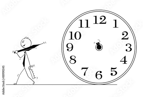 Cartoon stick man drawing conceptual illustration of businessman who removed clock hands to stop time. Business concept of deadline and stress.