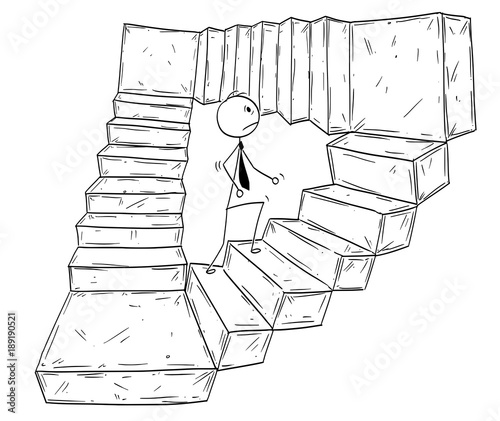 Cartoon stick man drawing conceptual illustration of businessman walking up endless stairs. Business concept of career, work and success.