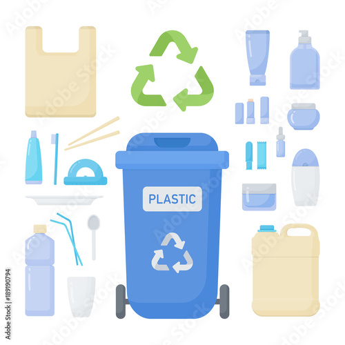 Plastic waste sorting vector flat icon set