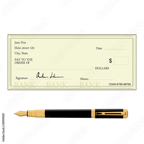 Bank check and pen