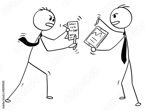 Cartoon stick man drawing conceptual illustration of two businessmen fighting or arguing.