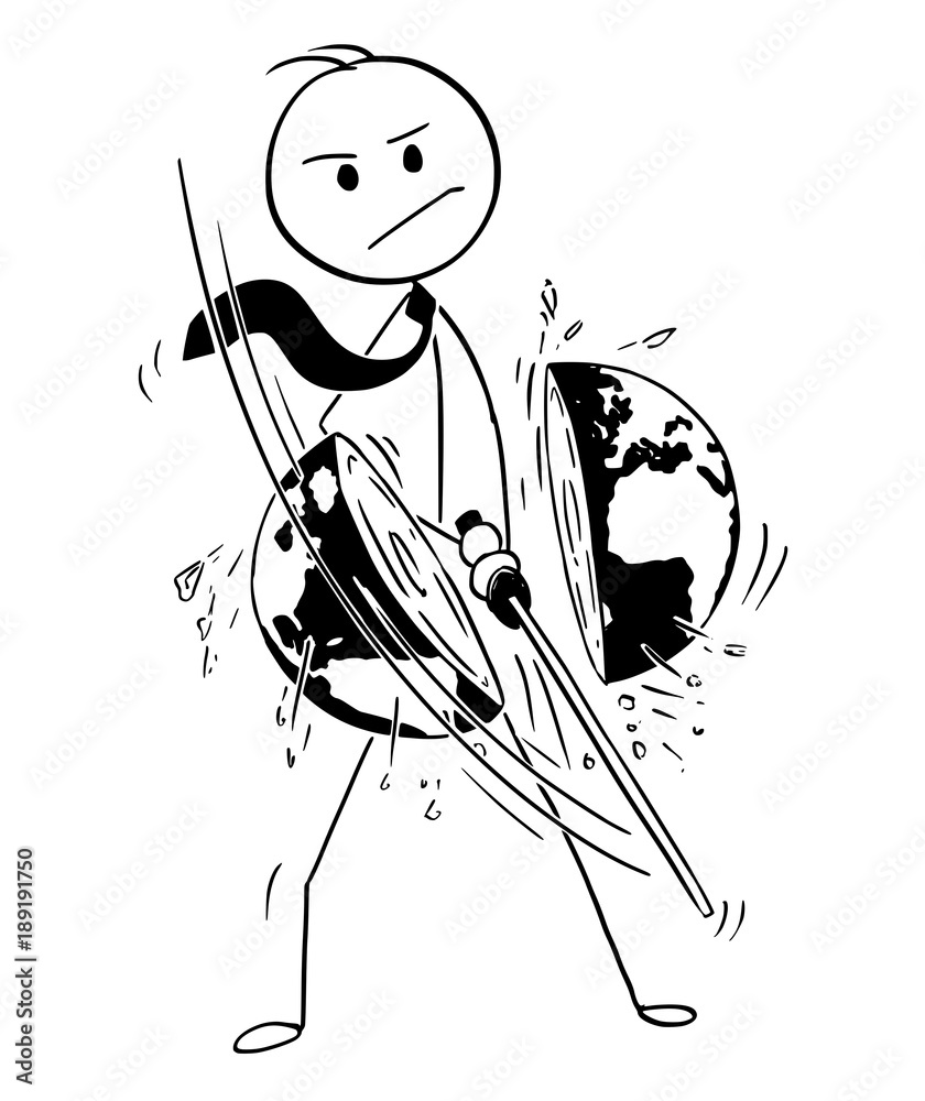 Vettoriale Stock Cartoon stick man drawing conceptual illustration of  samurai businessman with katana sword cutting world or earth globe. Concept  of global worldwide business. | Adobe Stock