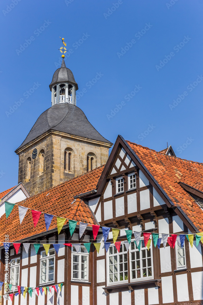 Church tower and half timbered houses in Tecklenburg Church tower and half timbered houses in Tecklenburg