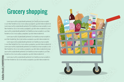 Grocery in a shopping cart. Vector illustration. Flat design.