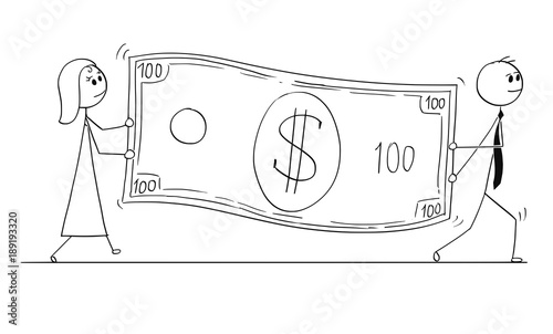 Cartoon stick man drawing conceptual illustration of businessman and businesswoman carry large dollar bill banknote.