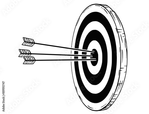 Cartoon drawing conceptual illustration of target, dartboard or clout with three bow arrows hits in center. Concept of success in business.