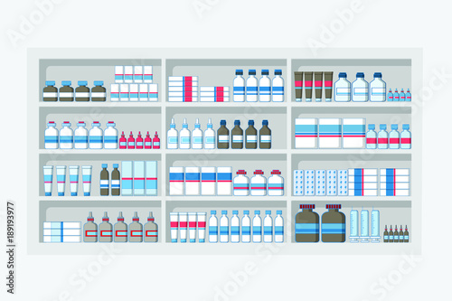 Medicines shelves in pharmacy shop, drug store, product arrange in grocery cabinet illustration vector.