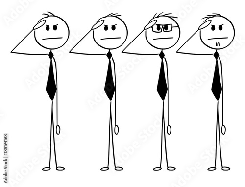 Cartoon stick man drawing conceptual illustration of business team saluting in military style. Business concept of loyalty, readiness and obedience.