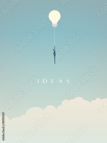 Businessman flying on a lightbulb ballon vector. Symbol of creativity, innovation, creative ideas and solutions.