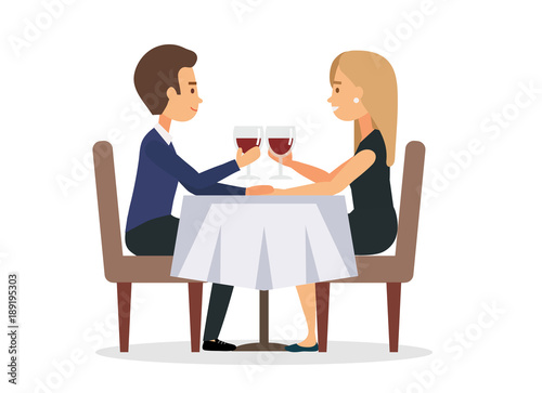 Happy Valentine's Day - happy young couple sitting at restaurant table with glasses of wine celebrating love, illustration in cartoon style