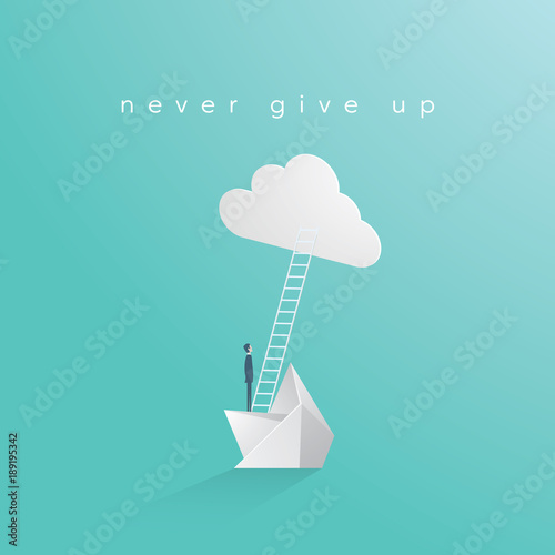 Never give up business vector concept with businessman on sinking boat. Symbol of motivation, determination, success, career growth.