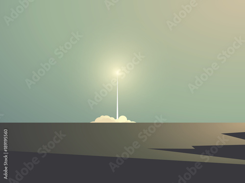 Landscape view of rocket launch vector background. Symbol of innovation, space exploration, discovery, adventure.