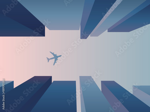 View up from the street between skyscrapers with plane flying in the sky, vector background. Corporate financial district architecture concept with perspective.