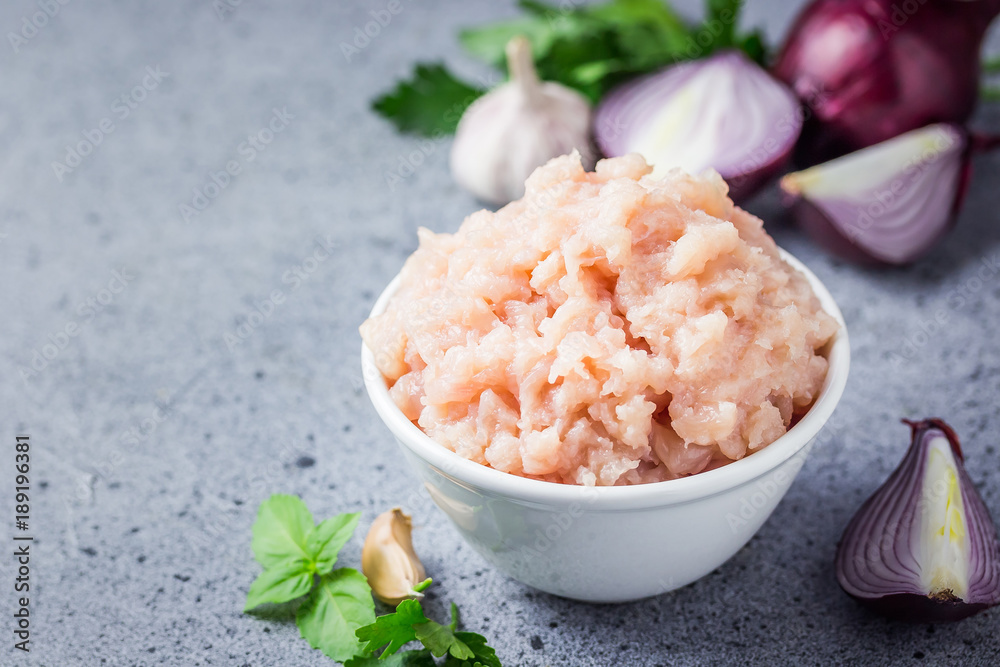 Mincemeat, raw ground chicken in a bowl, onion and herbs on concrete background. Selective focus, copy space. Mincemeat, raw ground chicken in a bowl, onion and herbs on concrete background. Selective focus, copy space.