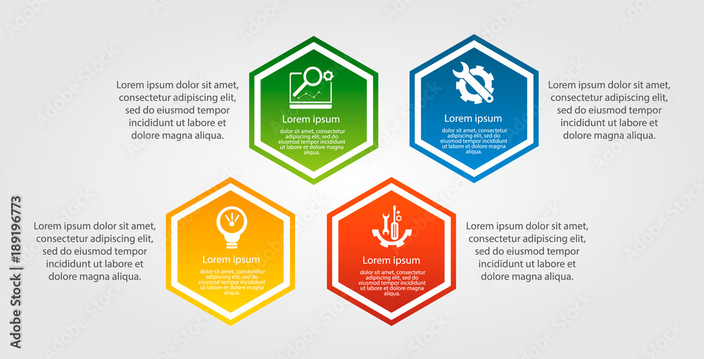 Modern vector illustration. Infographic pattern with four hexagon elements. Contains icons and text. Designed for business, presentations, web design, diagrams with 4 steps Modern vector illustration. Infographic pattern with four hexagon elements. Contains icons and text. Designed for business, presentations, web design, diagrams with 4 steps