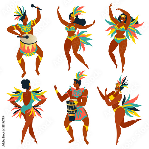 Set of Brazilian samba dancers Rio de Janeiro. Vector carnival girls and guy dancing.