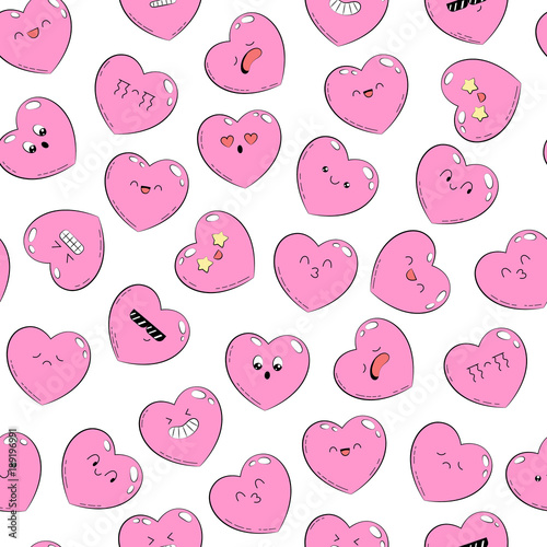 Seamless pattern, background, wallpaper, texture with different emotions heart. Collection of emoticons for site, info graphics, video, animation, websites, mails, newsletters, comics. Doodle backdrop