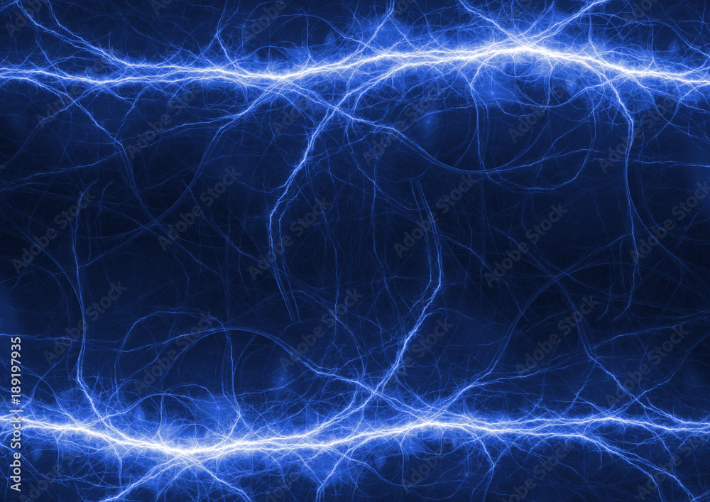 Blue electrical lightning bolt, plasma power background