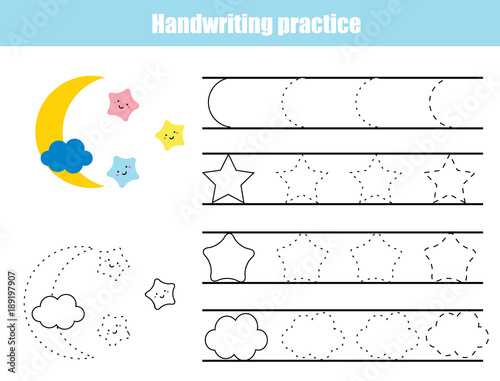 Handwriting practice sheet. Educational children game, printable worksheet for kids. Writing training printable worksheet. Stars and lines