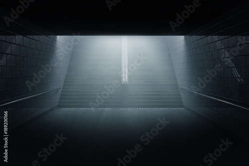 3d rendering of darken underpass with staircase at night in the fog