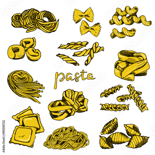 Vector illustration, wallpaper, backdrop. Vintage hand drawn sketch. Collection of pasta, macaroni