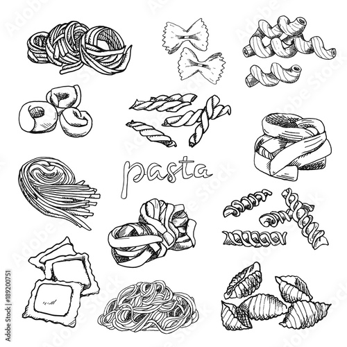 Vector illustration, wallpaper, backdrop. Vintage hand drawn sketch. Collection of pasta, macaroni