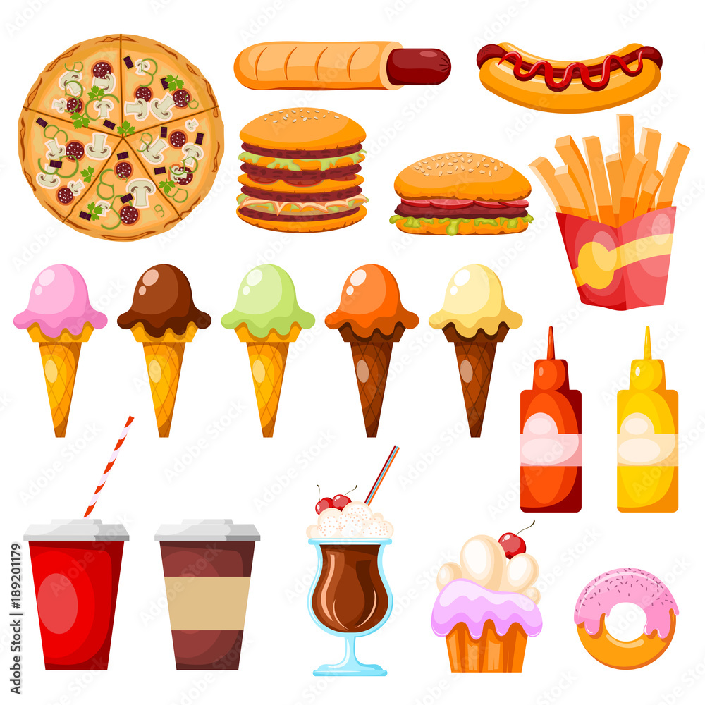 Fastfood items on a white background. Street food circle ketchup