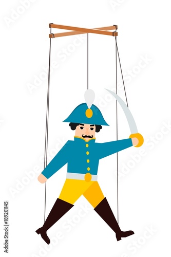  Color image of a puppet doll on a white background. Puppet soldier with ropes. Vector illustration