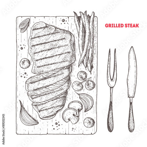 Grilled steak vector sketch. Meat dish illustration. Barbecue meat and vegetables.